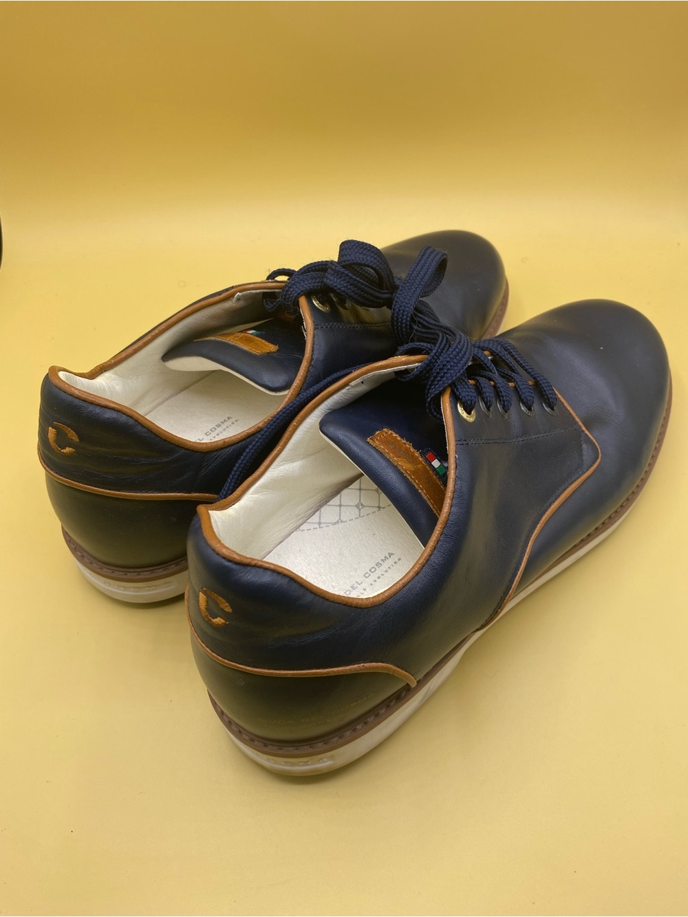 Men's Navy Leather Derby Shoes with Tan Trim - Picture 2 of 4